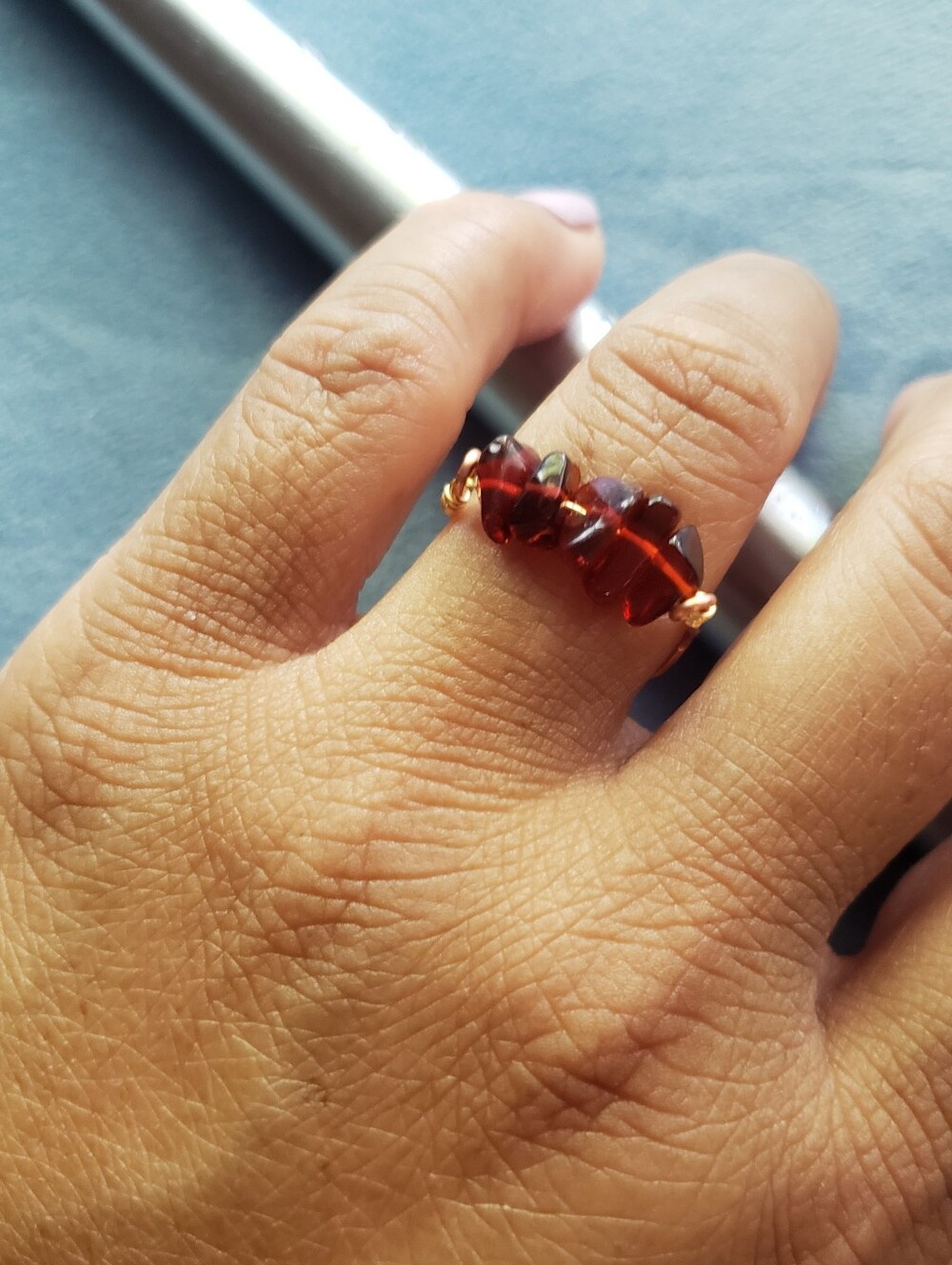 Handcrafted Copper Wire-Wrapped Amber Beads Women’s Ring